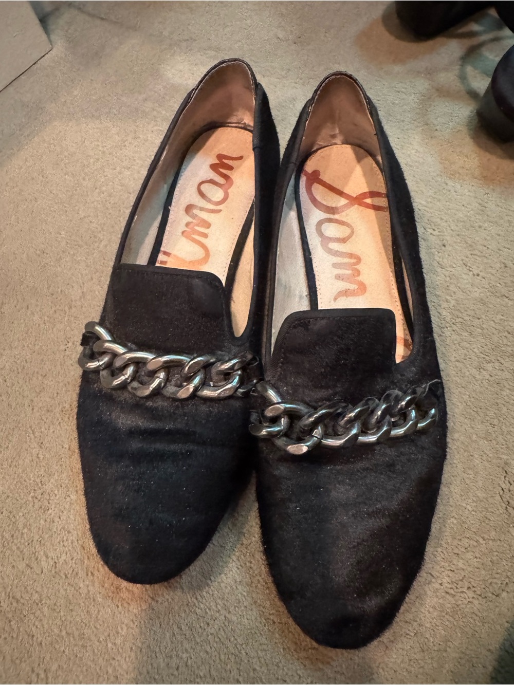 Sam Edelman Black Suede Loafers with Silver Chain Accent
